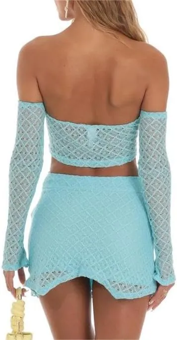 Sastianaen Women Lace Skirt Sets Y2k Off Shoulder Long Sleeve Crop Top Irregular Hem Bodycon Skirt Suit Trendy Outfit