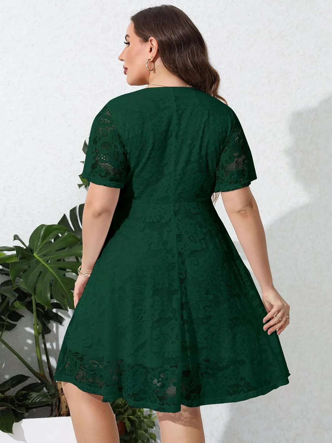 SCOMCHIC Women Plus Size Lace Cocktail Dresses Faux Wrap V Neck Short Sleeve Flowy A Line Wedding Guest Midi Dress