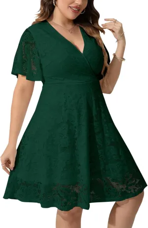SCOMCHIC Women Plus Size Lace Cocktail Dresses Faux Wrap V Neck Short Sleeve Flowy A Line Wedding Guest Midi Dress