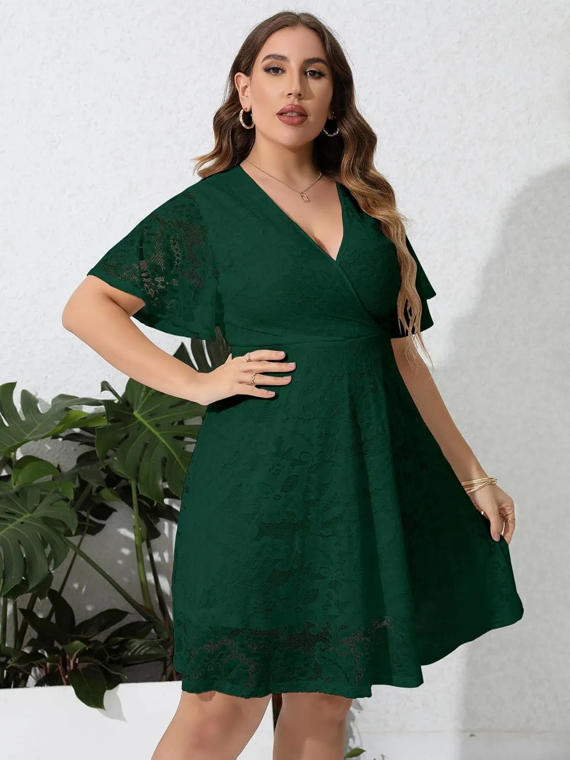 SCOMCHIC Women Plus Size Lace Cocktail Dresses Faux Wrap V Neck Short Sleeve Flowy A Line Wedding Guest Midi Dress