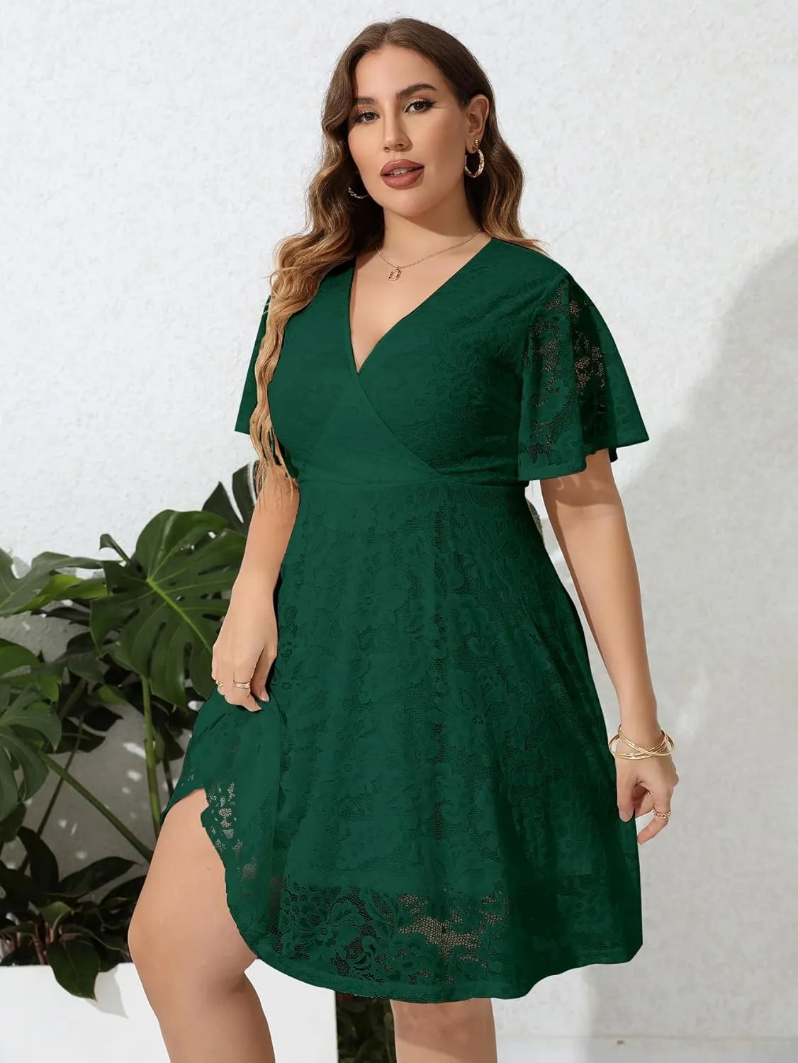 SCOMCHIC Women Plus Size Lace Cocktail Dresses Faux Wrap V Neck Short Sleeve Flowy A Line Wedding Guest Midi Dress