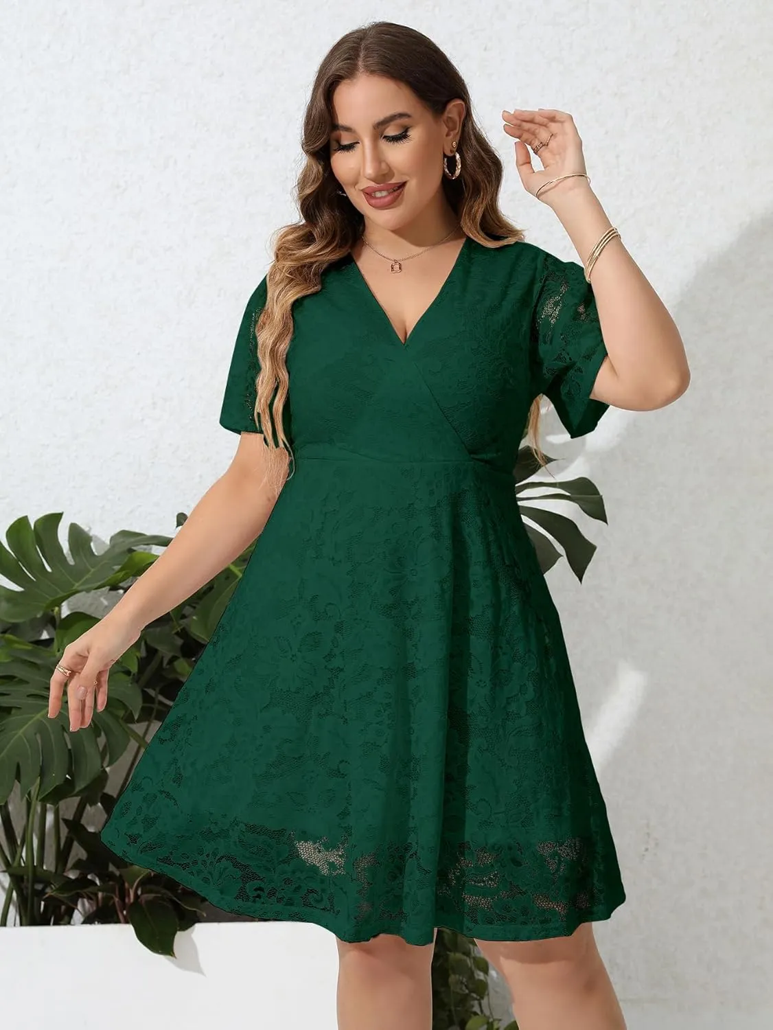 SCOMCHIC Women Plus Size Lace Cocktail Dresses Faux Wrap V Neck Short Sleeve Flowy A Line Wedding Guest Midi Dress