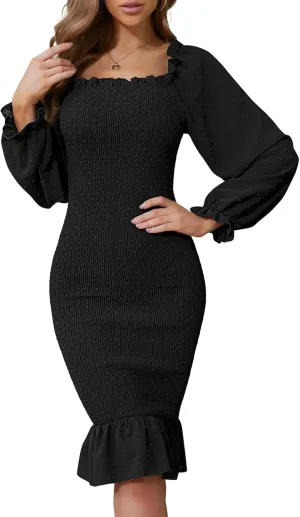 SENFURE Women's Long Sleeve Square Neck Midi Maternity Dresses Ruffle Smocked Bodycon Mermaid Cocktail Dress for Spring