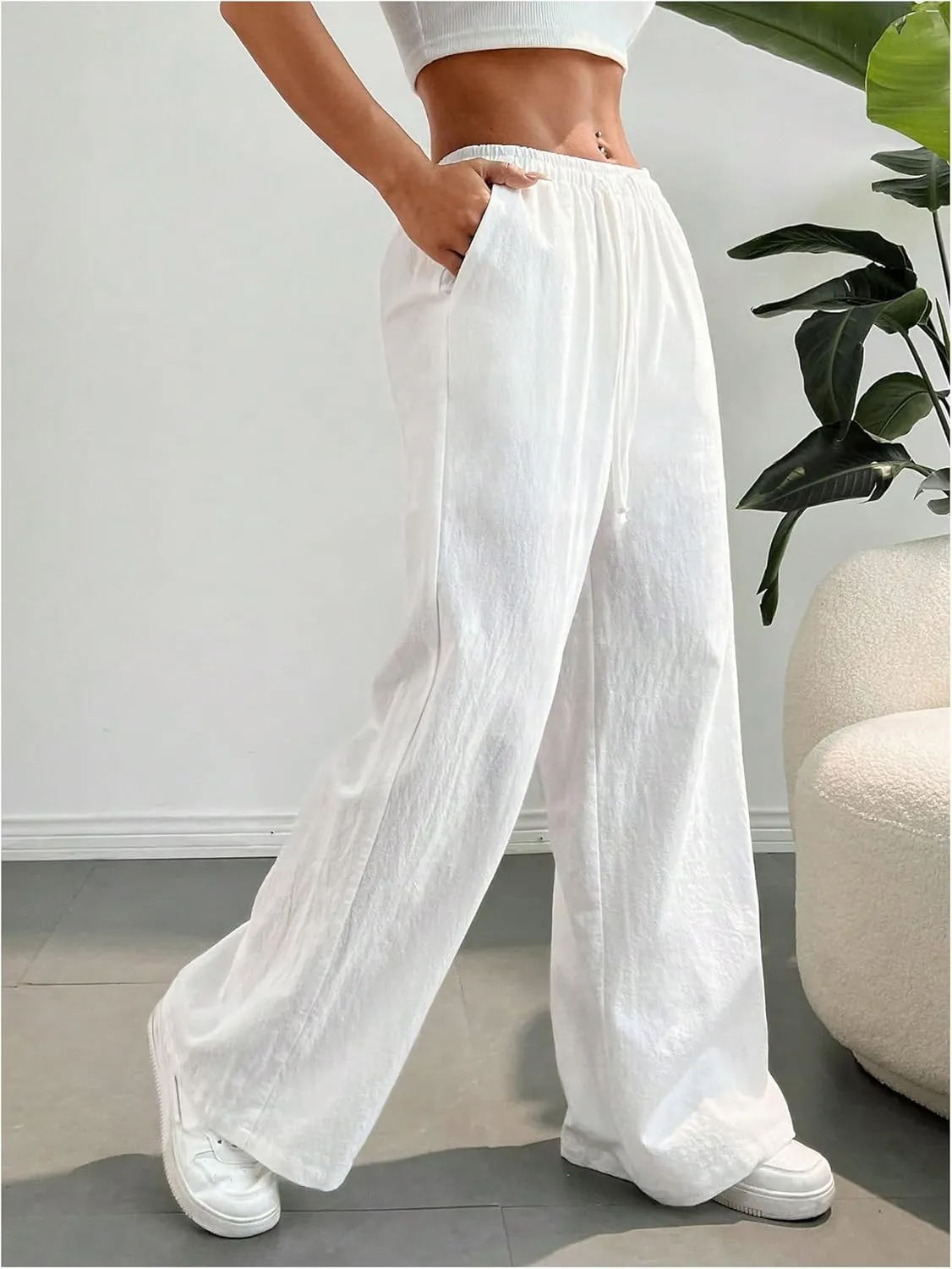 SHENHE Girl's Linen Low Waisted Drawstring Button Front Loose Long Pants Casual Boho Trousers
