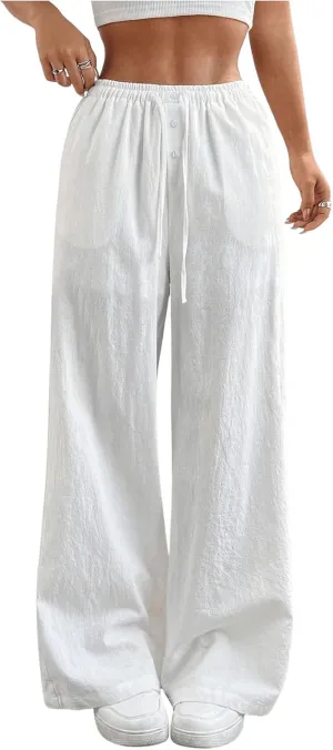 SHENHE Girl's Linen Low Waisted Drawstring Button Front Loose Long Pants Casual Boho Trousers