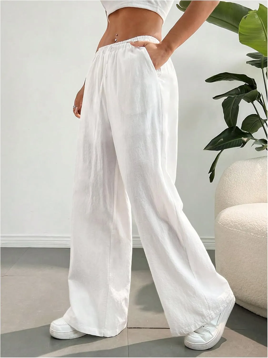 SHENHE Girl's Linen Low Waisted Drawstring Button Front Loose Long Pants Casual Boho Trousers