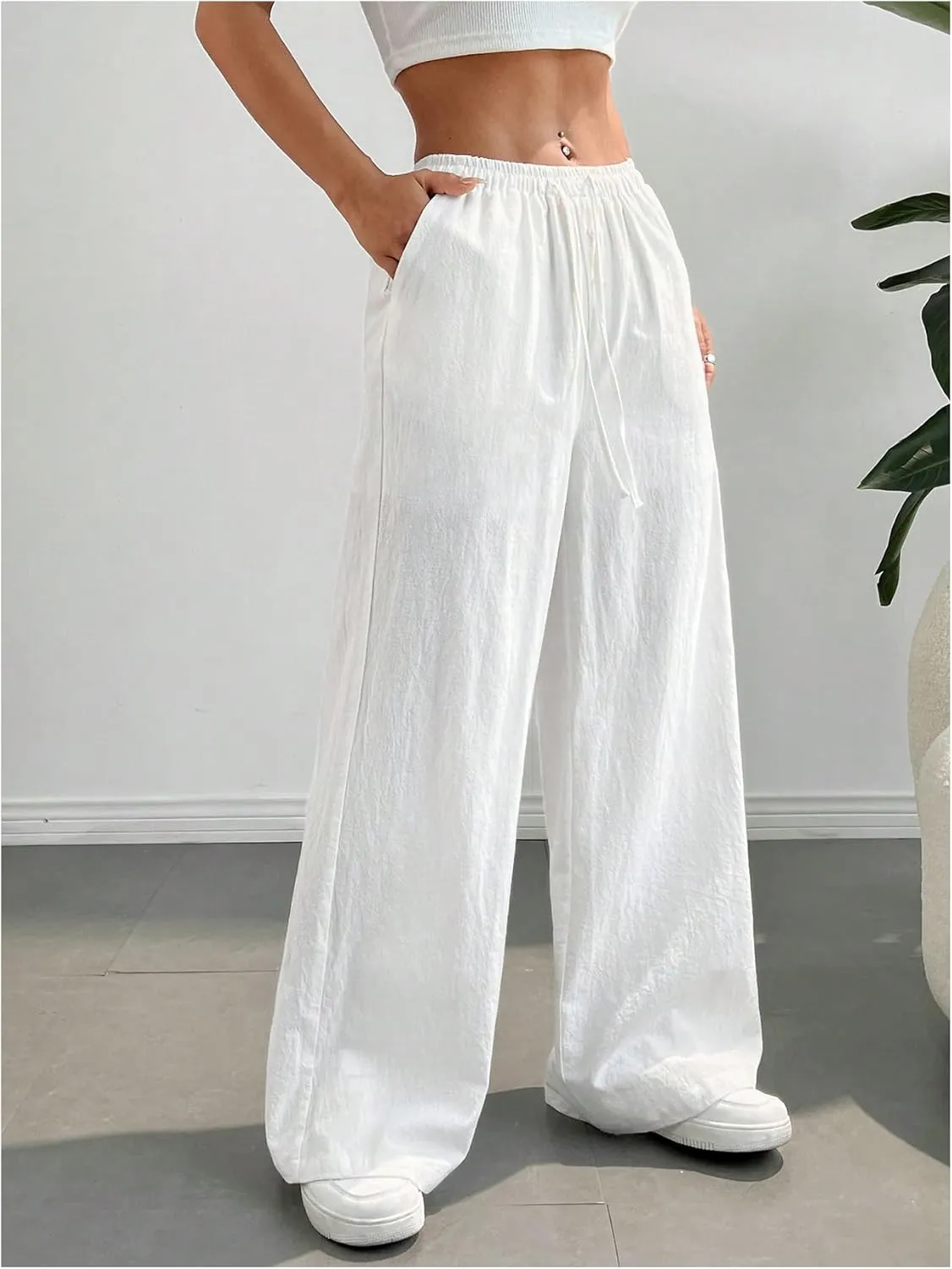 SHENHE Girl's Linen Low Waisted Drawstring Button Front Loose Long Pants Casual Boho Trousers