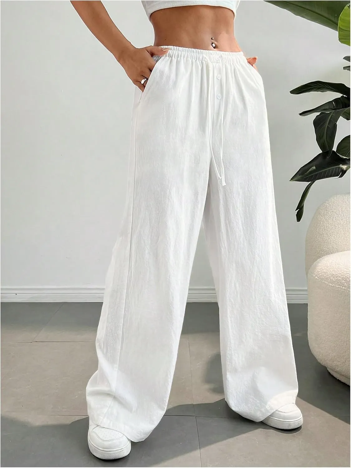 SHENHE Girl's Linen Low Waisted Drawstring Button Front Loose Long Pants Casual Boho Trousers
