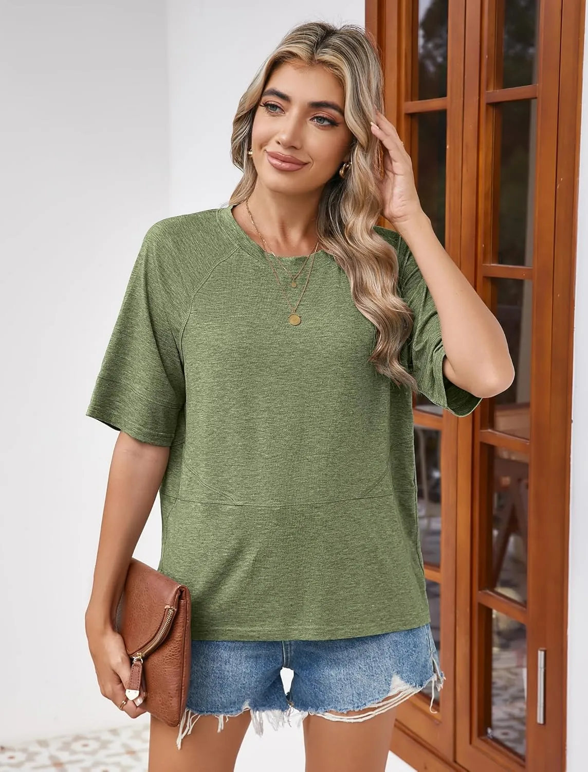 Sherosa Womens Casual Crewneck Half Sleeve T-Shirts Solid Color Loose Fit Summer Basic Tops Tees Blouses