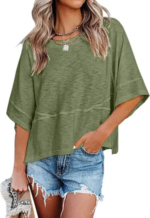 Sherosa Womens Casual Crewneck Half Sleeve T-Shirts Solid Color Loose Fit Summer Basic Tops Tees Blouses