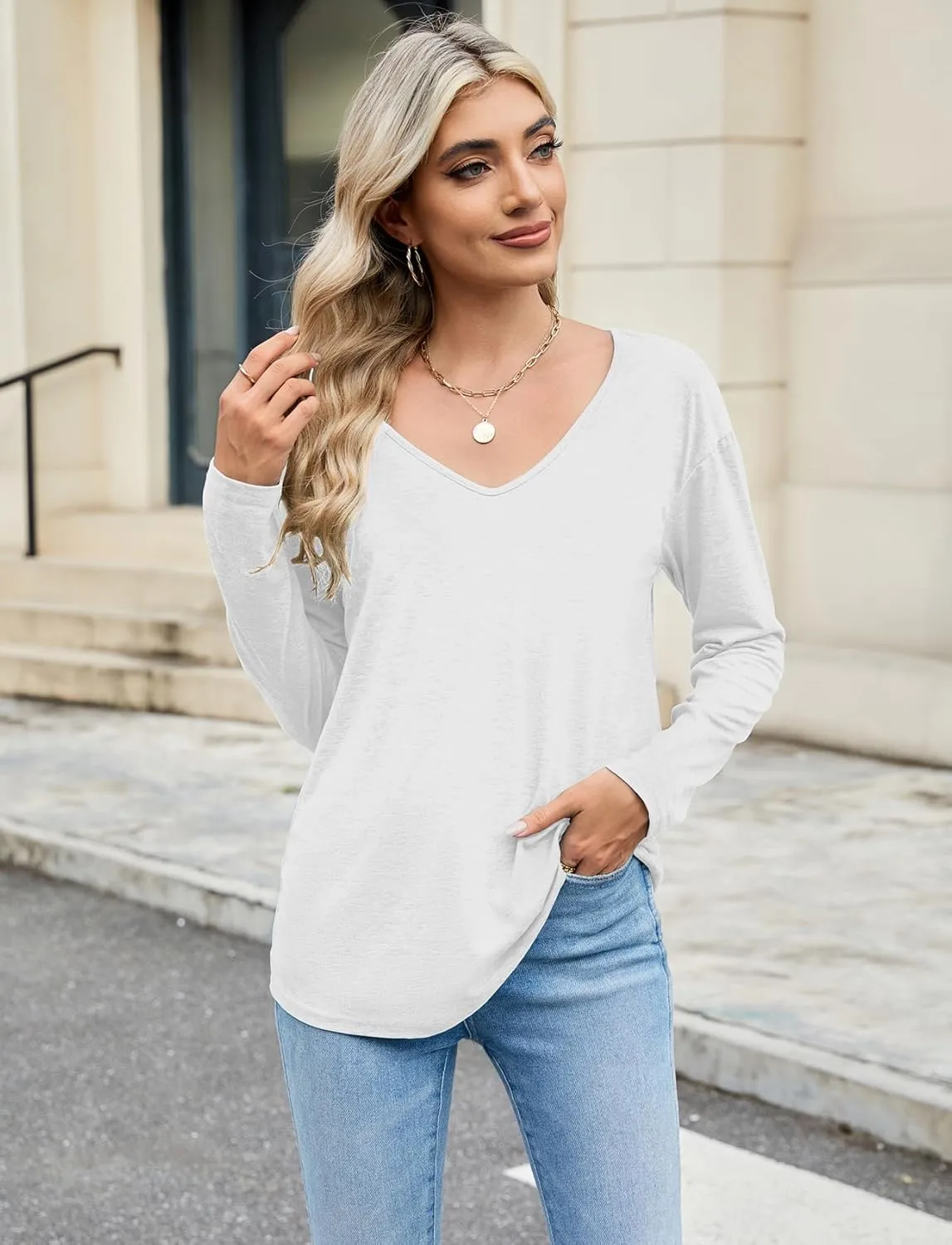 Sherosa Womens T Shirts V-Neck Long Sleeve Loose Fit Shirts Casual Solid Basic Tops