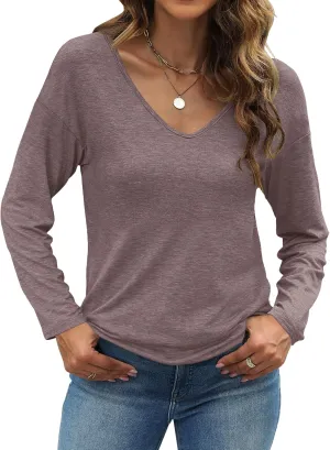 Sherosa Womens T Shirts V-Neck Long Sleeve Loose Fit Shirts Casual Solid Basic Tops