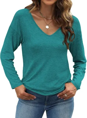 Sherosa Womens T Shirts V-Neck Long Sleeve Loose Fit Shirts Casual Solid Basic Tops