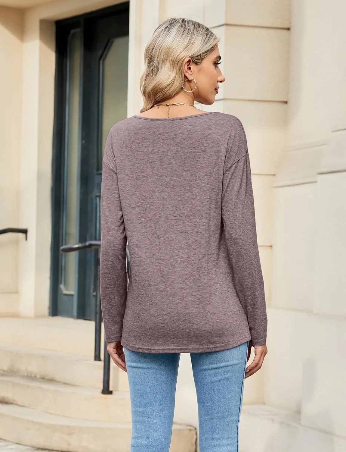 Sherosa Womens T Shirts V-Neck Long Sleeve Loose Fit Shirts Casual Solid Basic Tops