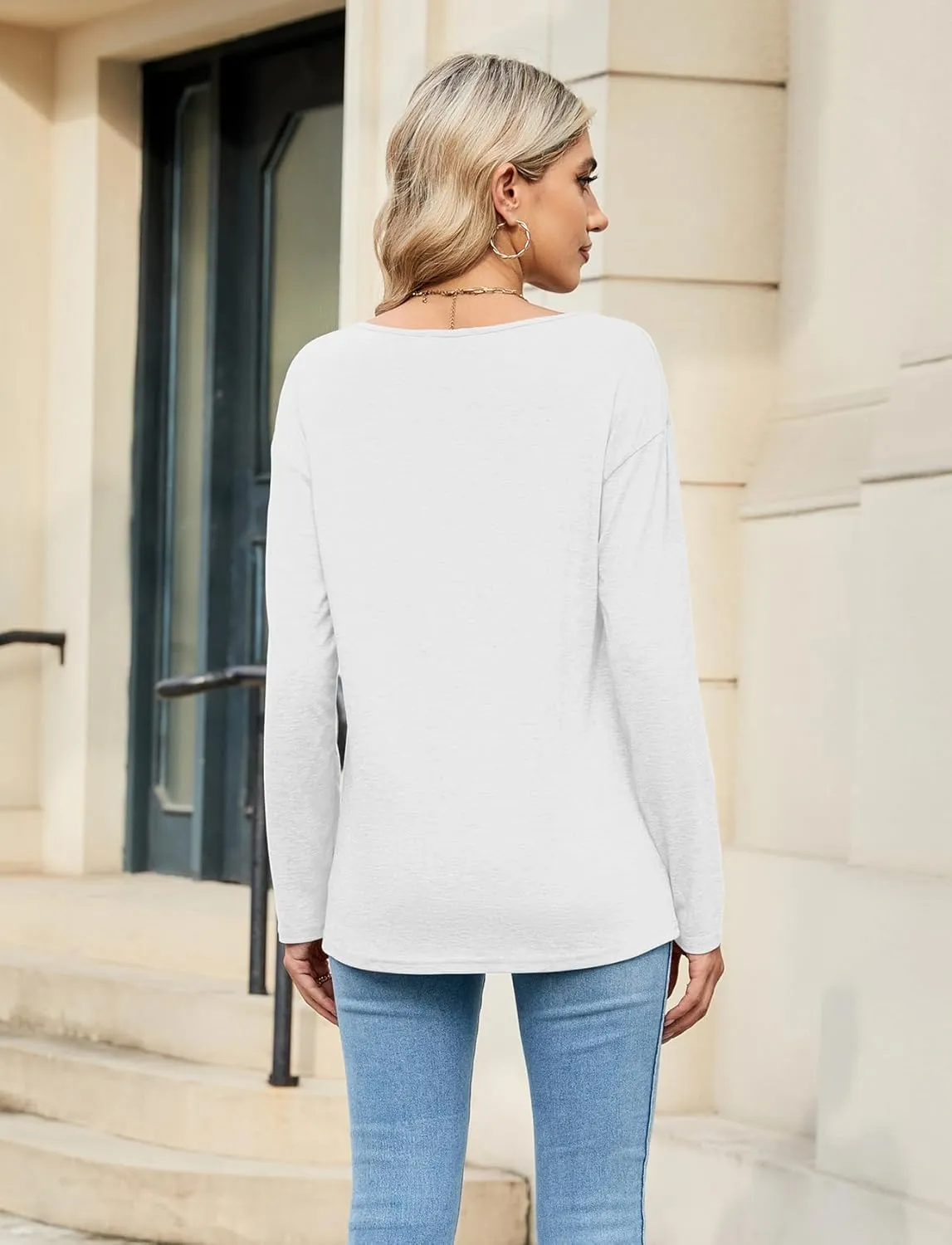 Sherosa Womens T Shirts V-Neck Long Sleeve Loose Fit Shirts Casual Solid Basic Tops