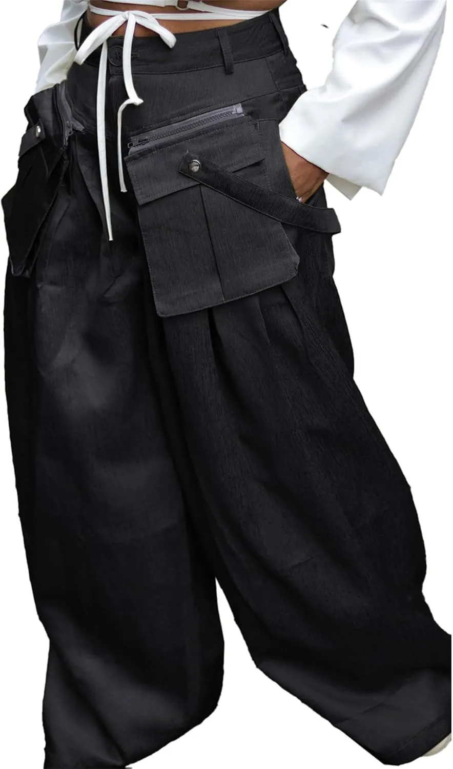SHINFY Women's Satin Cargo Pants Y2K Baggy High Waisted Wide Leg Removable Flap Pockets Palazzo Pants