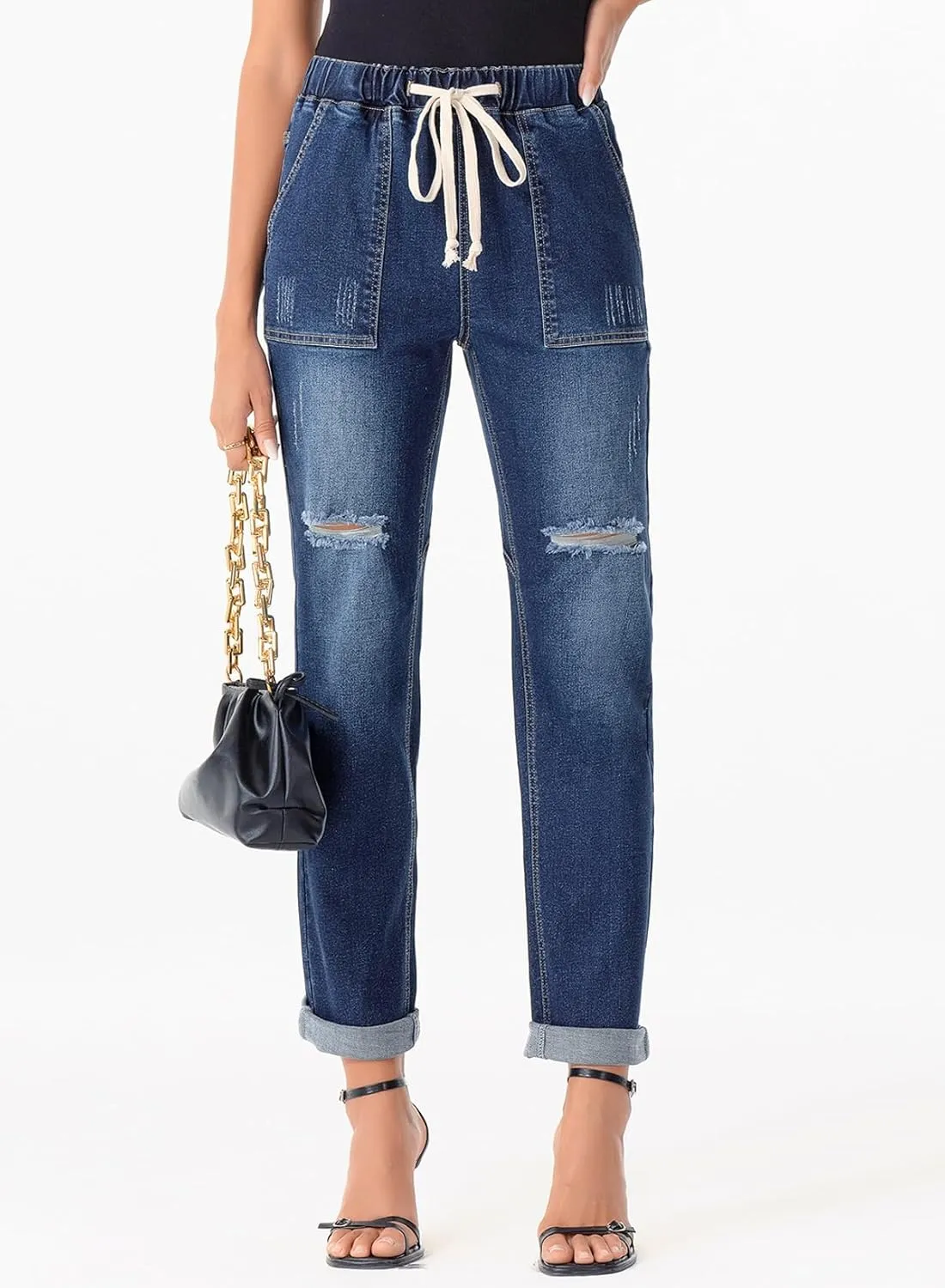 Sidefeel Womens High Waisted Drawstring Jeans Pull On Cargo Joggers Zimbaplatinum Ripped Elastic Waist Denim Pants