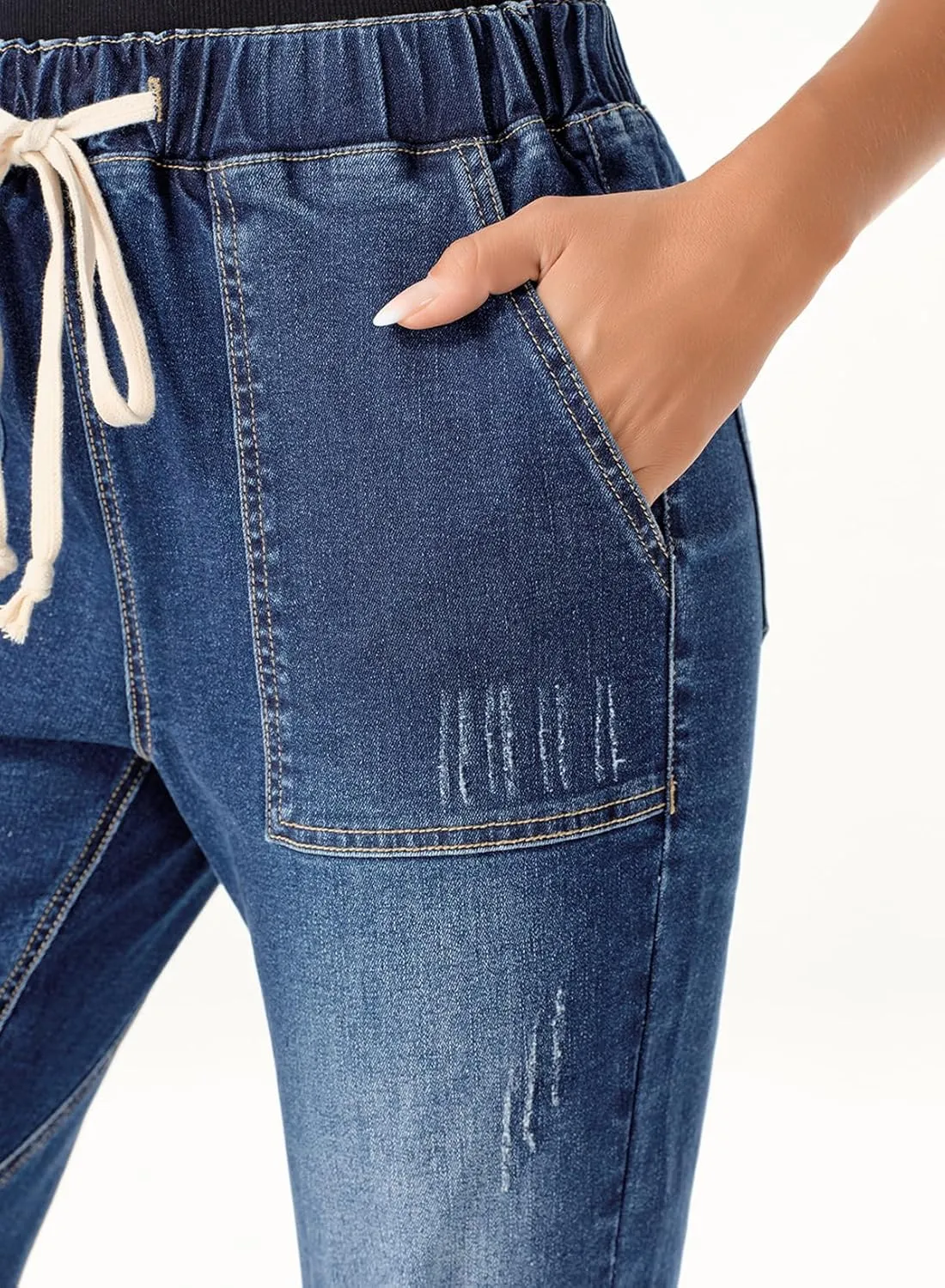 Sidefeel Womens High Waisted Drawstring Jeans Pull On Cargo Joggers Zimbaplatinum Ripped Elastic Waist Denim Pants