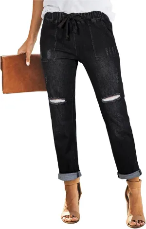 Sidefeel Women’s High Waisted Drawstring Jeans Pull On Cargo Joggers Zimbaplatinum Ripped Elastic Waist Denim Pants