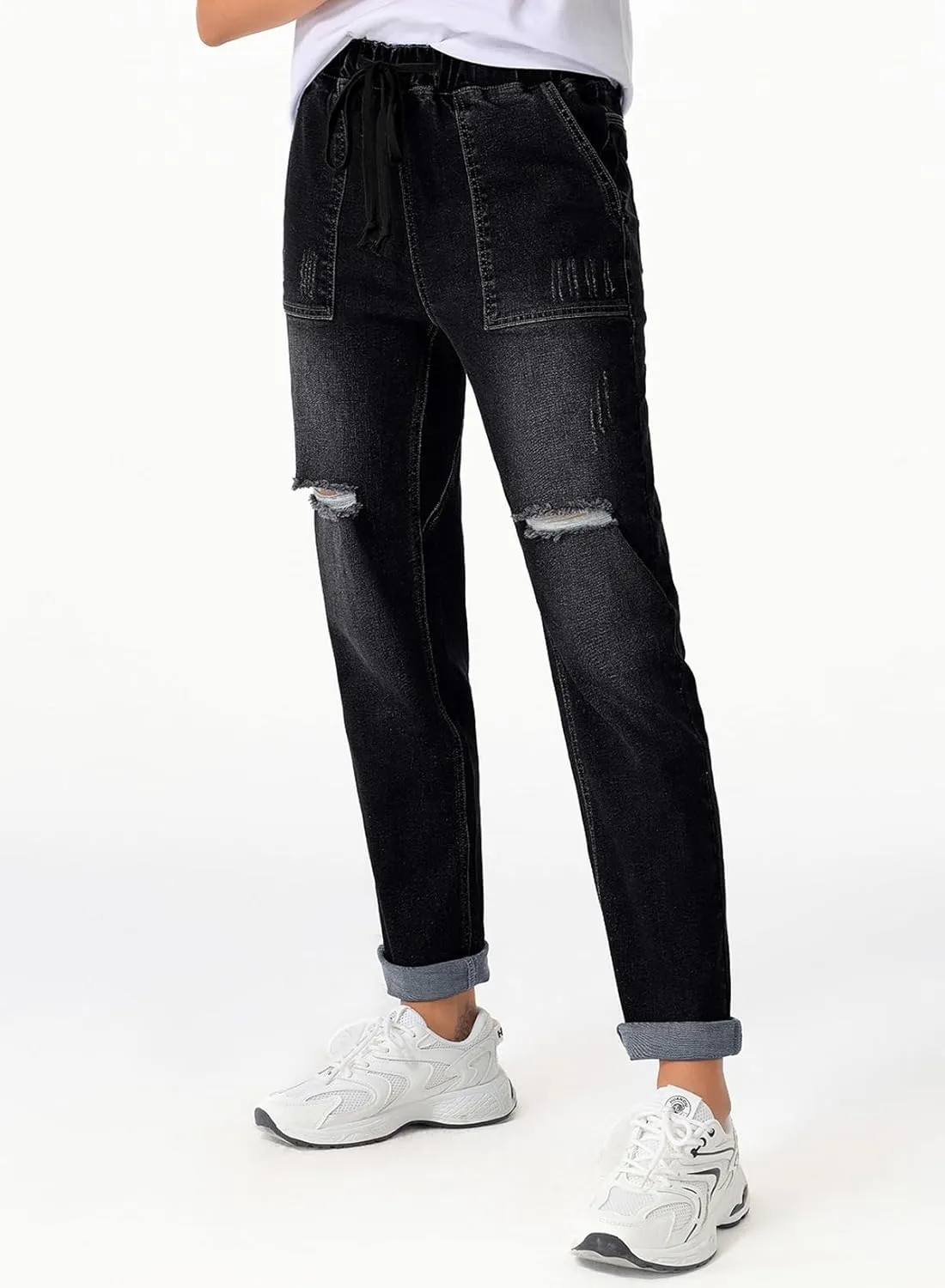 Sidefeel Women’s High Waisted Drawstring Jeans Pull On Cargo Joggers Zimbaplatinum Ripped Elastic Waist Denim Pants