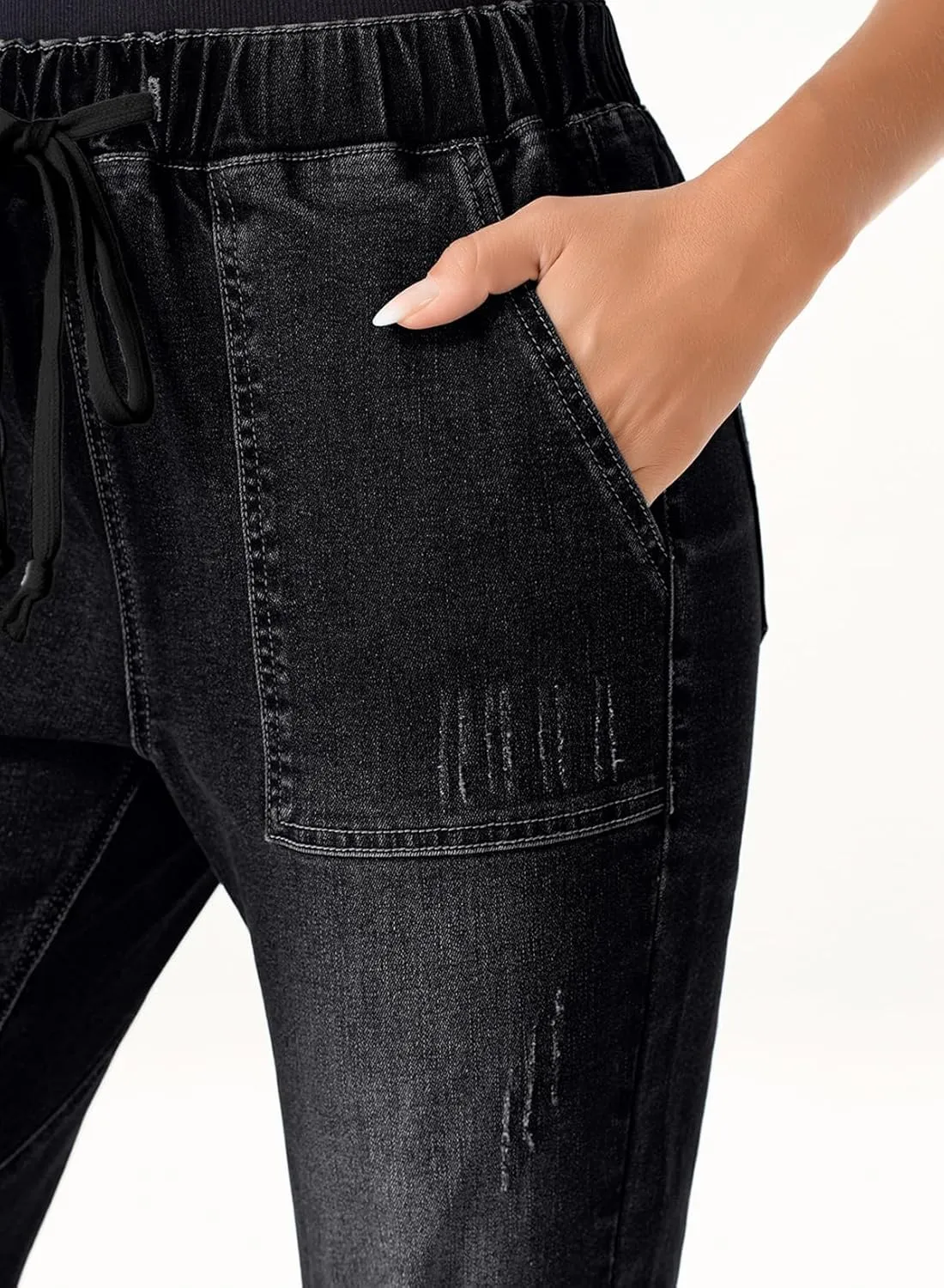 Sidefeel Women’s High Waisted Drawstring Jeans Pull On Cargo Joggers Zimbaplatinum Ripped Elastic Waist Denim Pants