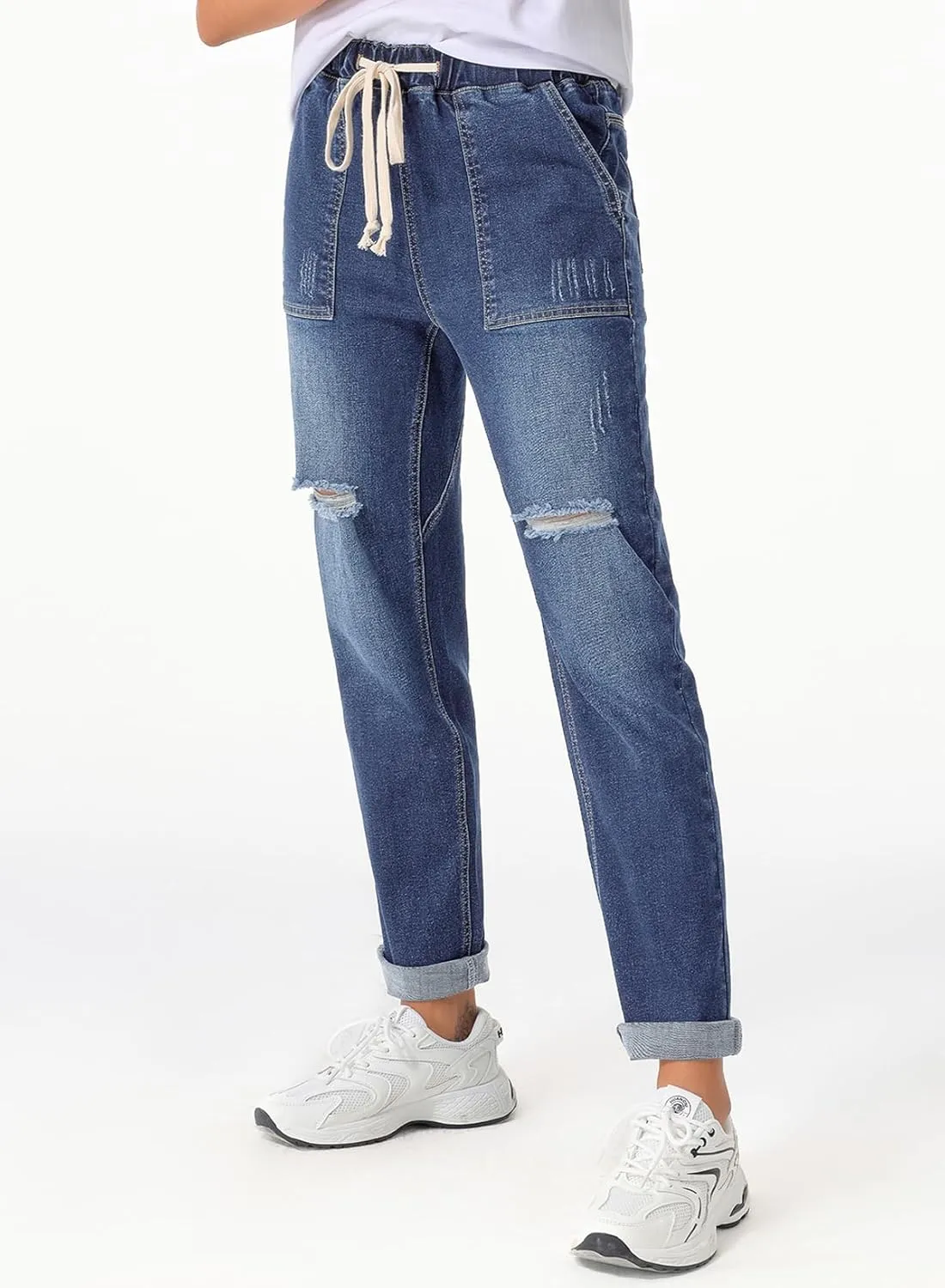 Sidefeel Womens High Waisted Drawstring Jeans Pull On Cargo Joggers Zimbaplatinum Ripped Elastic Waist Denim Pants