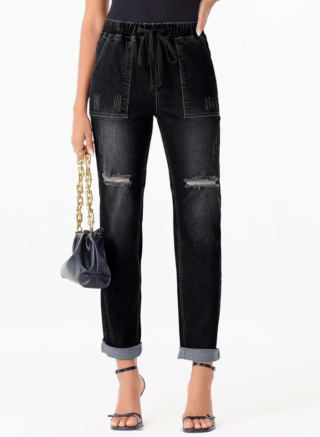Sidefeel Women’s High Waisted Drawstring Jeans Pull On Cargo Joggers Zimbaplatinum Ripped Elastic Waist Denim Pants