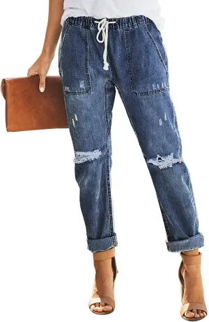 Sidefeel Womens High Waisted Drawstring Jeans Pull On Cargo Joggers Zimbaplatinum Ripped Elastic Waist Denim Pants