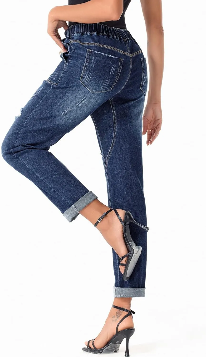 Sidefeel Womens High Waisted Drawstring Jeans Pull On Cargo Joggers Zimbaplatinum Ripped Elastic Waist Denim Pants