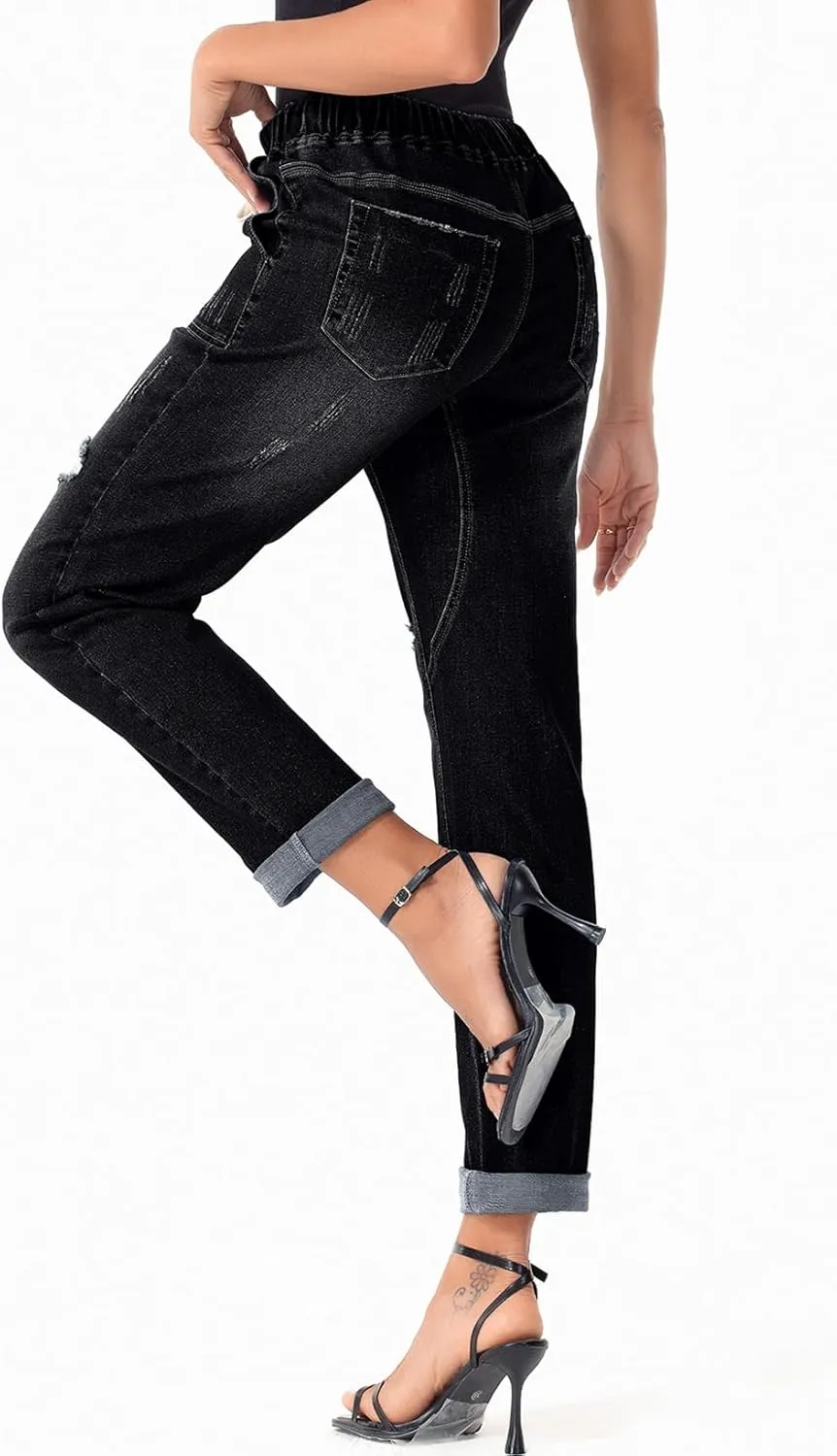 Sidefeel Women’s High Waisted Drawstring Jeans Pull On Cargo Joggers Zimbaplatinum Ripped Elastic Waist Denim Pants