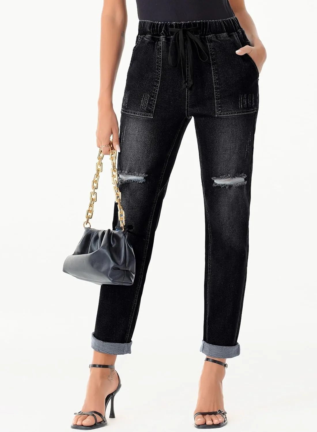 Sidefeel Women’s High Waisted Drawstring Jeans Pull On Cargo Joggers Zimbaplatinum Ripped Elastic Waist Denim Pants