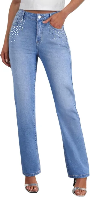 Sidefeel Women's Straight Leg Jeans High Waisted Stretchy Rhinestone Wide Leg Denim Pants