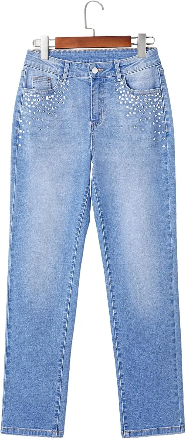 Sidefeel Women's Straight Leg Jeans High Waisted Stretchy Rhinestone Wide Leg Denim Pants