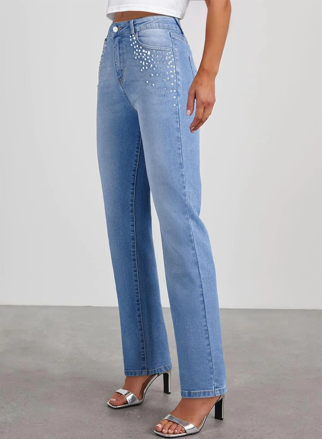 Sidefeel Women's Straight Leg Jeans High Waisted Stretchy Rhinestone Wide Leg Denim Pants
