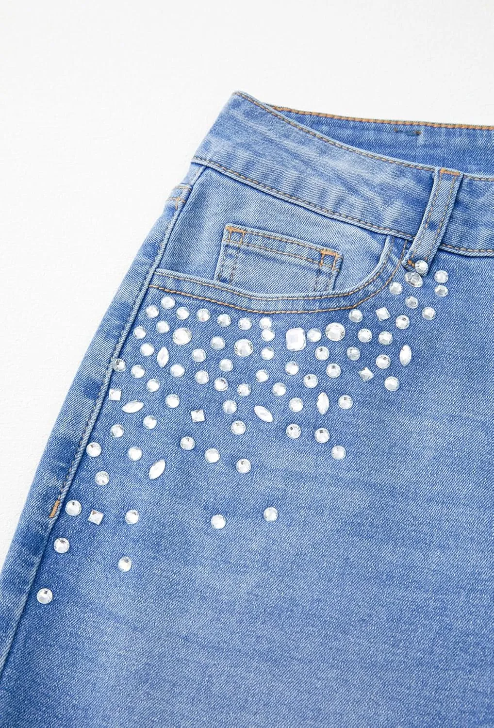 Sidefeel Women's Straight Leg Jeans High Waisted Stretchy Rhinestone Wide Leg Denim Pants