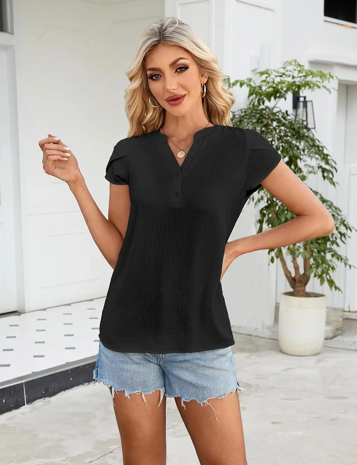 SimpleFun Womens Dressy Casual Tops Petal Short Sleeve Work Blouses Business V Neck Button Down Shirts