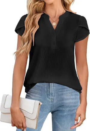 SimpleFun Womens Dressy Casual Tops Petal Short Sleeve Work Blouses Business V Neck Button Down Shirts