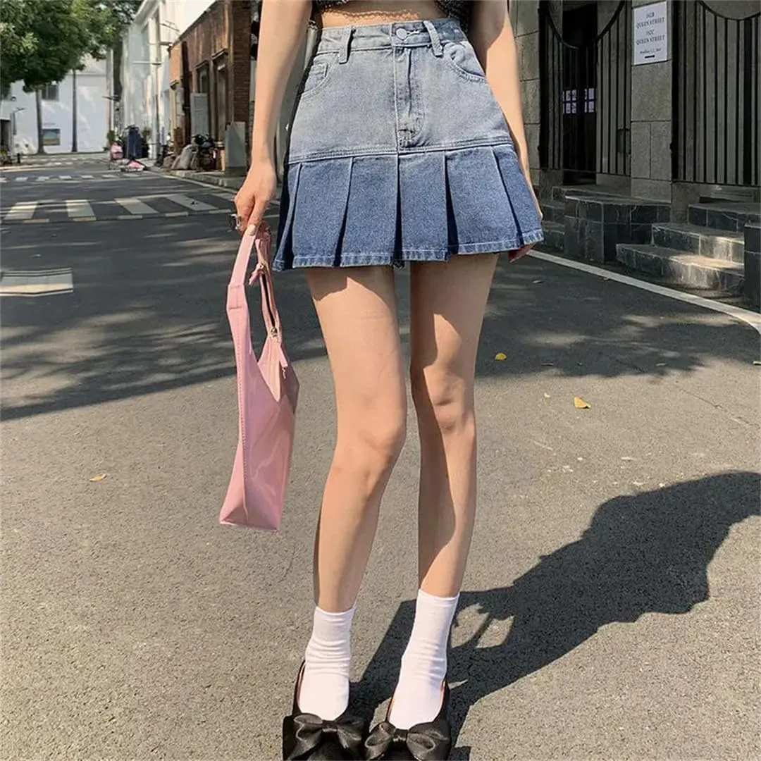 Skirts Women Gradient Pleated Denim Mini Summer Short Skirt