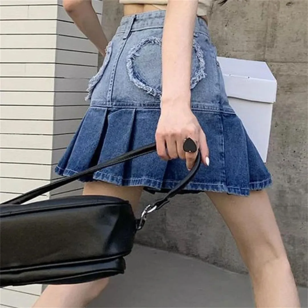 Skirts Women Gradient Pleated Denim Mini Summer Short Skirt