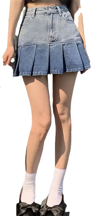 Skirts Women Gradient Pleated Denim Mini Summer Short Skirt