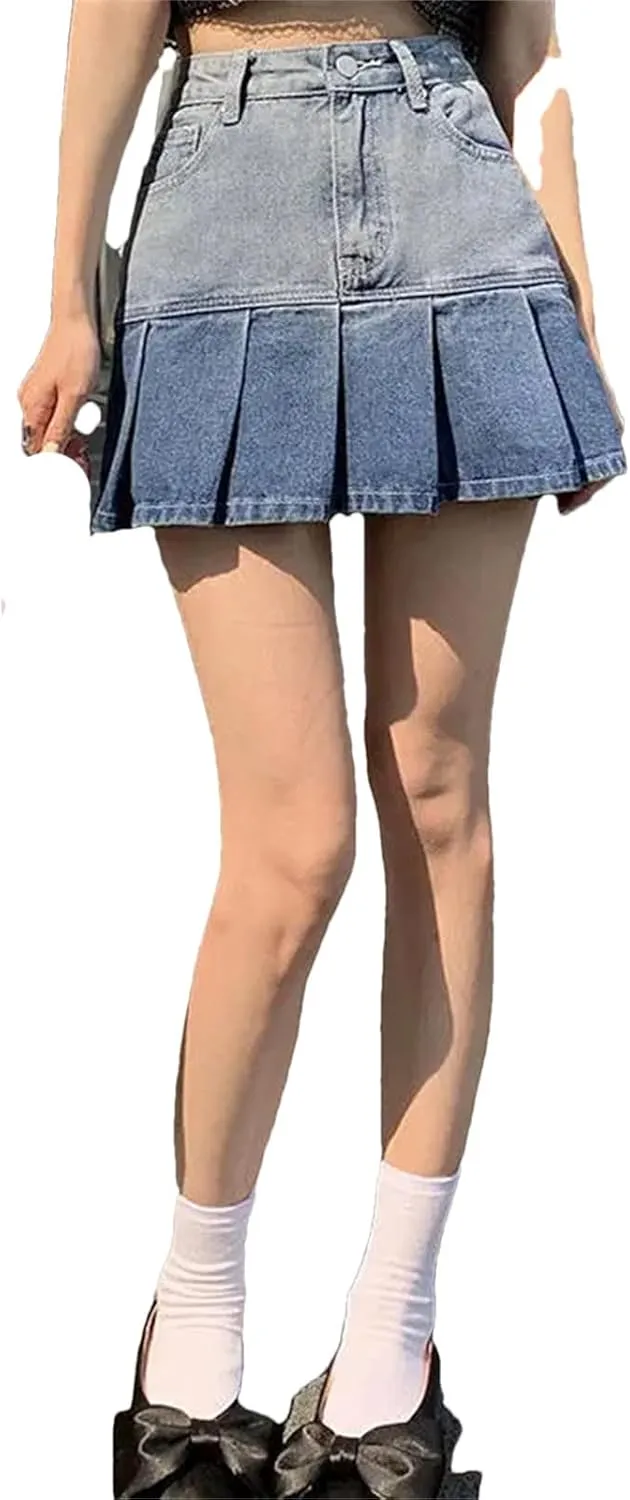 Skirts Women Gradient Pleated Denim Mini Summer Short Skirt