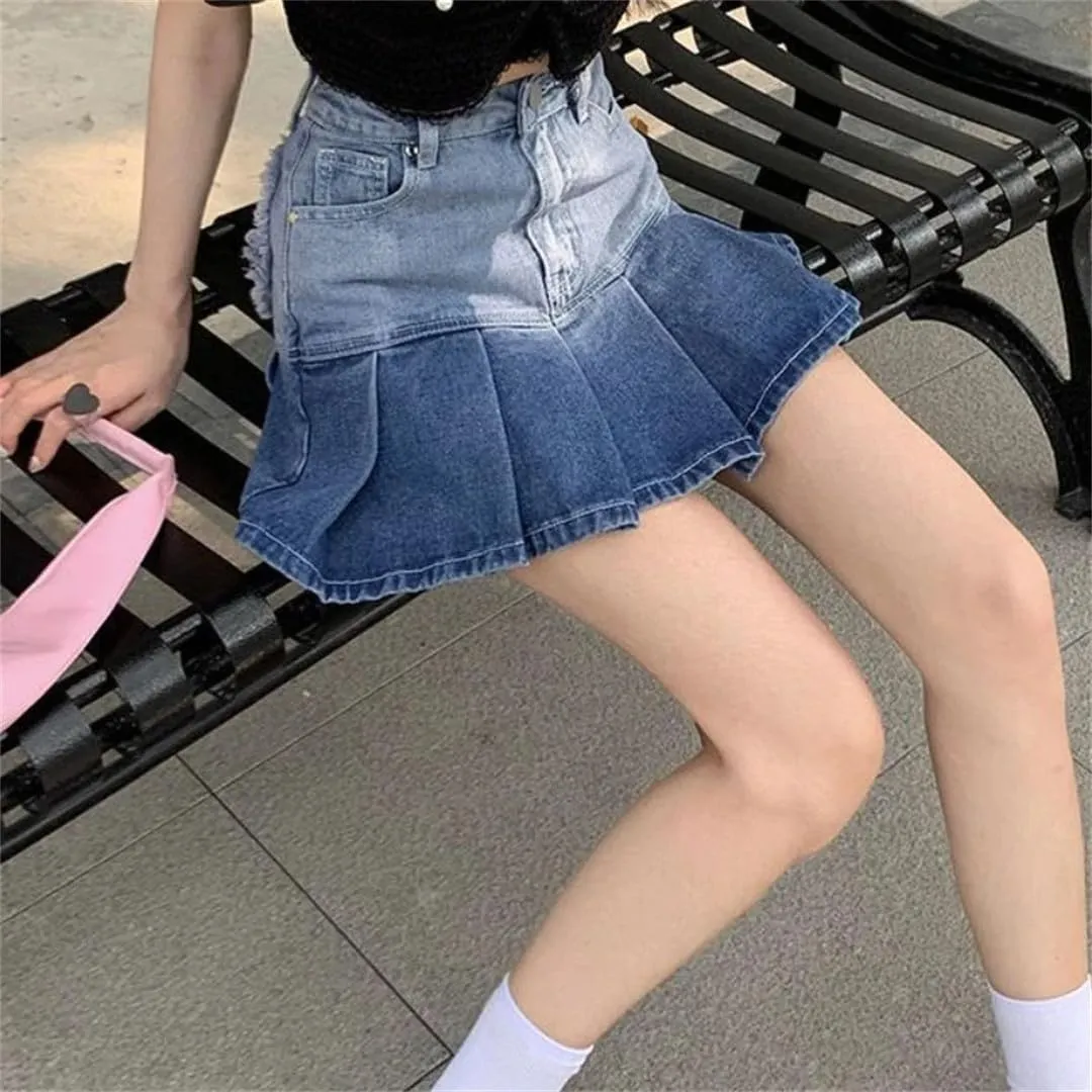 Skirts Women Gradient Pleated Denim Mini Summer Short Skirt