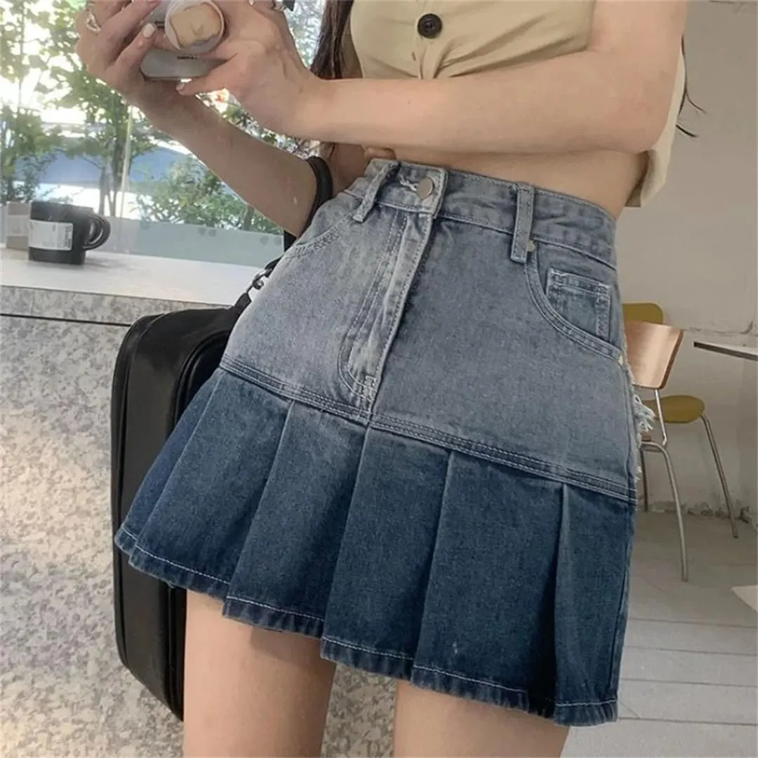 Skirts Women Gradient Pleated Denim Mini Summer Short Skirt
