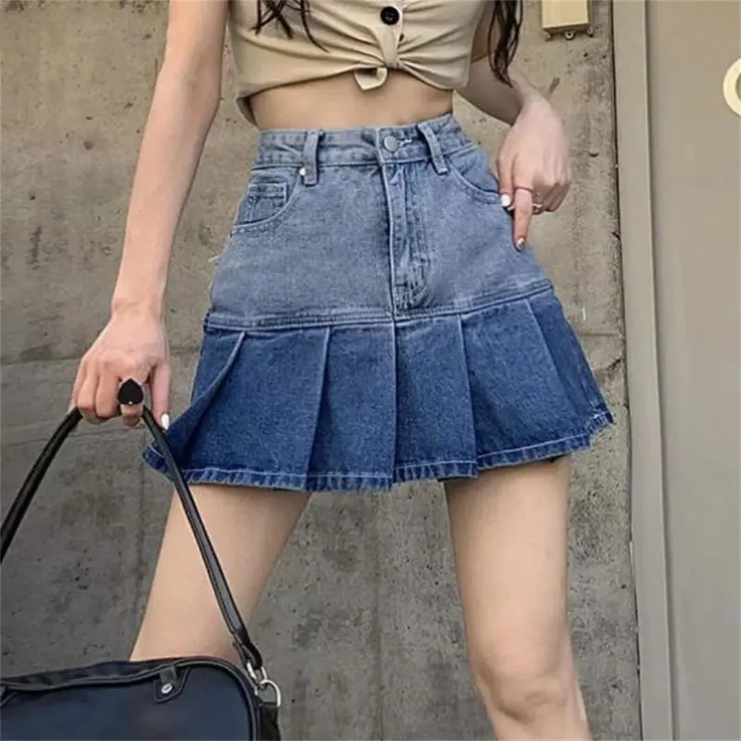 Skirts Women Gradient Pleated Denim Mini Summer Short Skirt