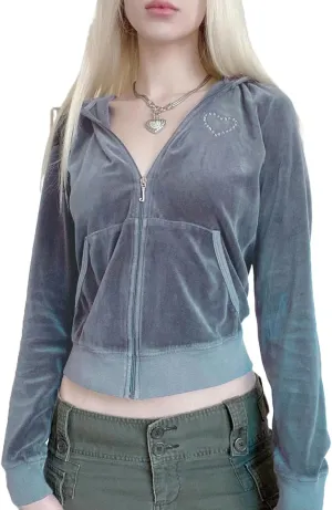 SOLILOQUY Women Y2k Zip Up Cropped Hoodie Sweatshirt Casual Long Sleeve Drawstring Pullover Top Harajuku Cargo Jacket
