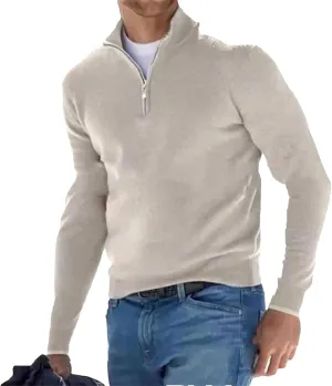 Spring and Autumn Men's Half Zipper V-Neck Knitwear Solid Casual Classics Pullover Sweater