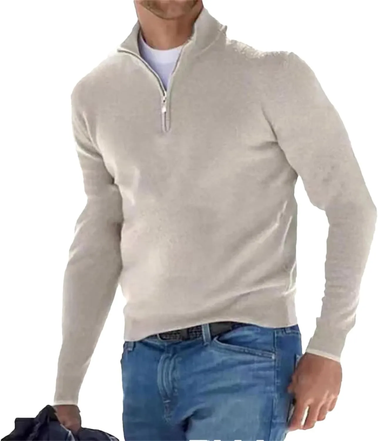 Spring and Autumn Men's Half Zipper V-Neck Knitwear Solid Casual Classics Pullover Sweater