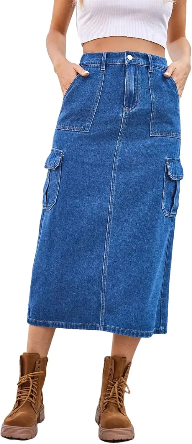 Streetwear Denim Long Skirt for Women Split Hem Half Body A Line Workwear Washed Multiple Pockets Skirts