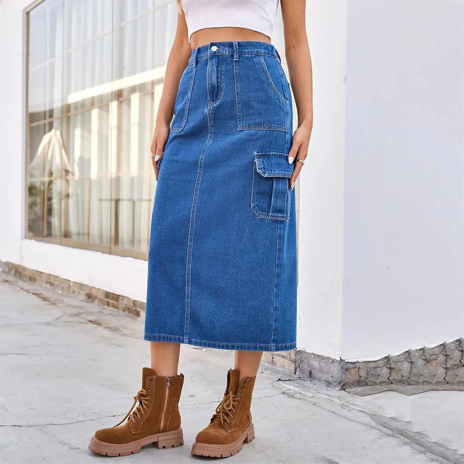 Streetwear Denim Long Skirt for Women Split Hem Half Body A Line Workwear Washed Multiple Pockets Skirts