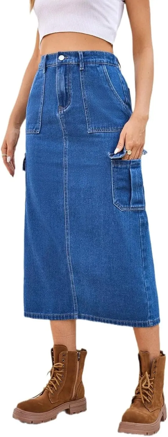 Streetwear Denim Long Skirt for Women Split Hem Half Body A Line Workwear Washed Multiple Pockets Skirts
